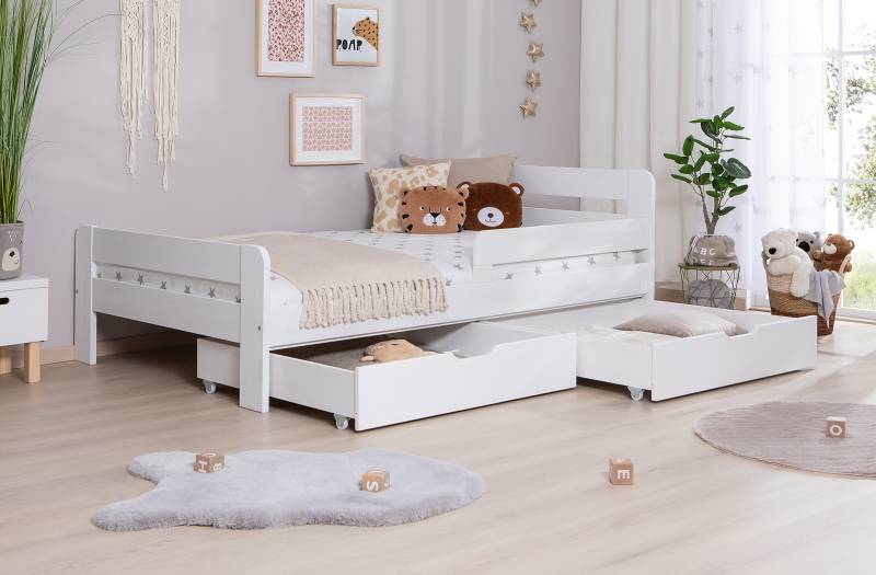 home24 Massivholzbett Bennet mit Schublade 120 x 200cm mit Lattenrost & Matratze Weiß/Kiefer Weiß von home24