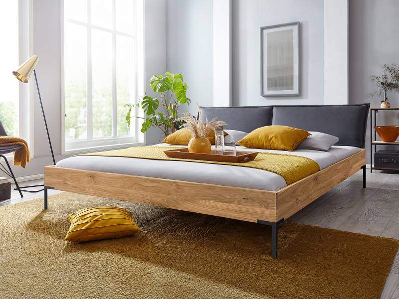 home24 Massivholzbett Kevir mit Polsterkopfteil 200 x 200cm Microfaser Braun Eiche von home24