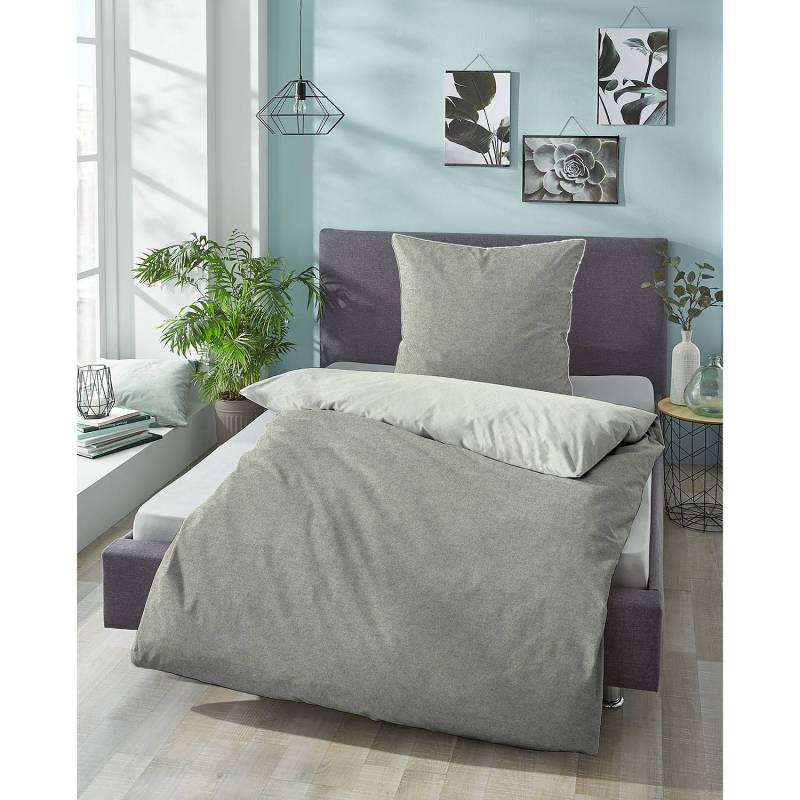 home24 Melange-Flanell Bettwäsche 0840500 155 x 200 cm + Kissen 80 x 80 cm Grau/Lichtgrau von home24