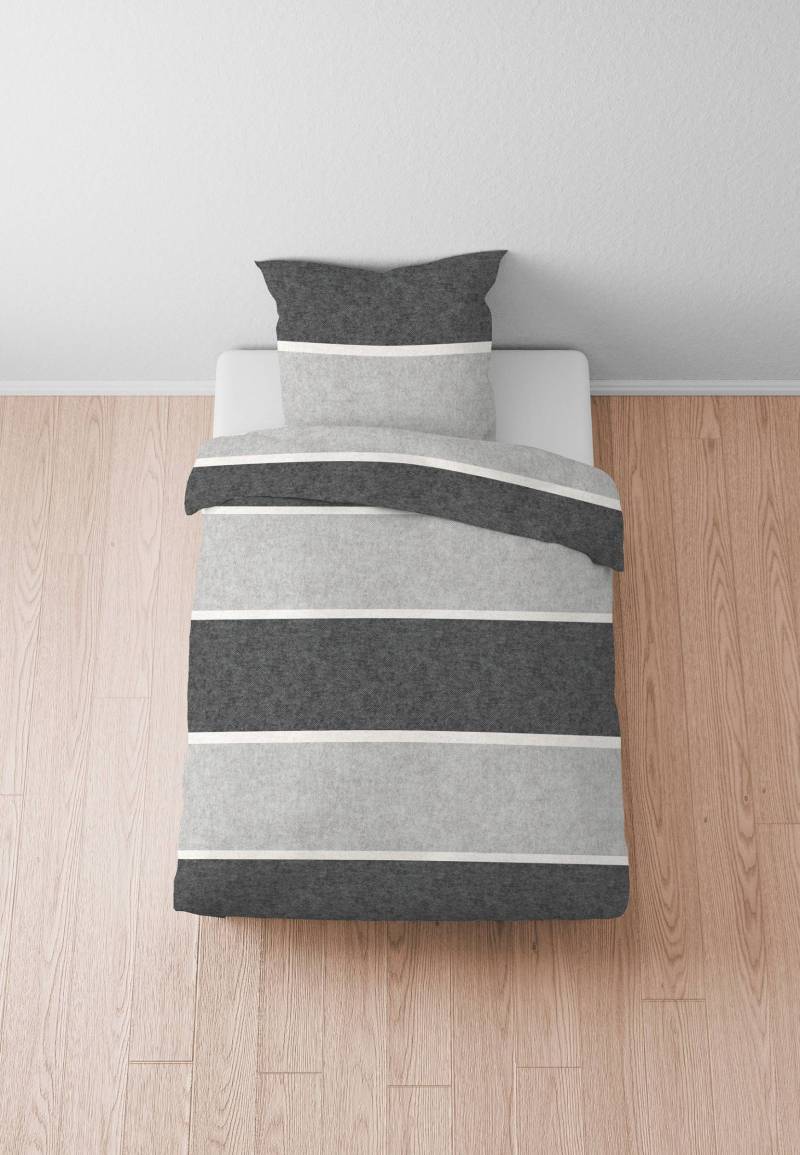 home24 Melange-Flanell Bettwäsche Idmar 155 x 200 cm + Kissen 80 x 80 cm Grau/Grau von home24