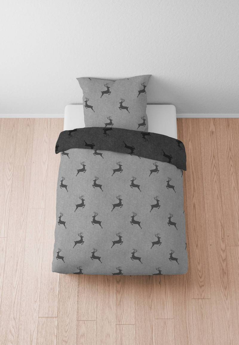 home24 Melange-Flanell Bettwäsche Rosin 155 x 200 cm + Kissen 80 x 80 cm Grau/Grau von home24