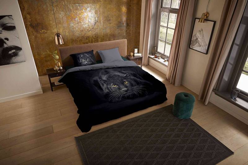 home24 Microfaser Bettwäsche Panter 240 x 200/220 cm + 2 Kissen 70 x 40 cm Schwarz von home24
