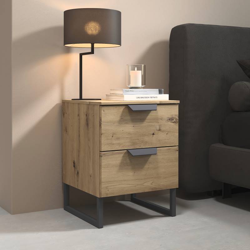 home24 Nachtkommode Aditio 53cm Holz/Eiche Artisan Dekor Kufen von home24