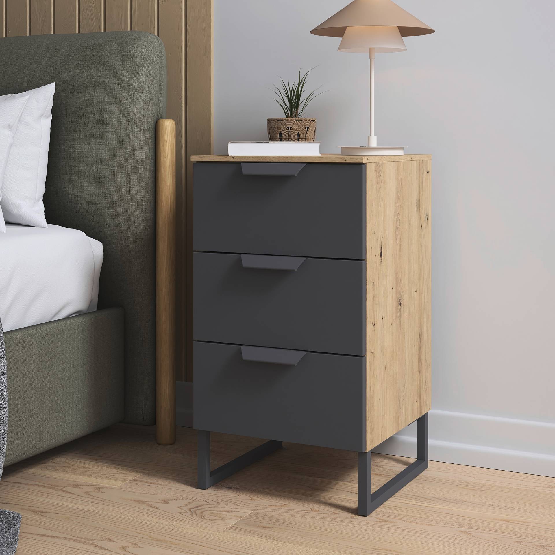 home24 Nachtkommode Aditio 72cm Holz/Graumetallic/Eiche Artisan Dekor Kufen home24 Nachtkommode Aditio 72cm Holz/Graumetallic/Eiche Artisan Dekor Kufen von home24
