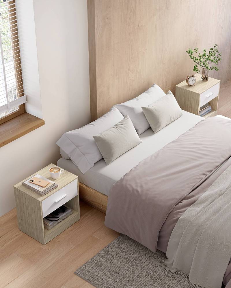 home24 Nachtkommode Buruju 2er-Set 39 x 41 x 28cm Beige/Eiche Hell Dekor von home24