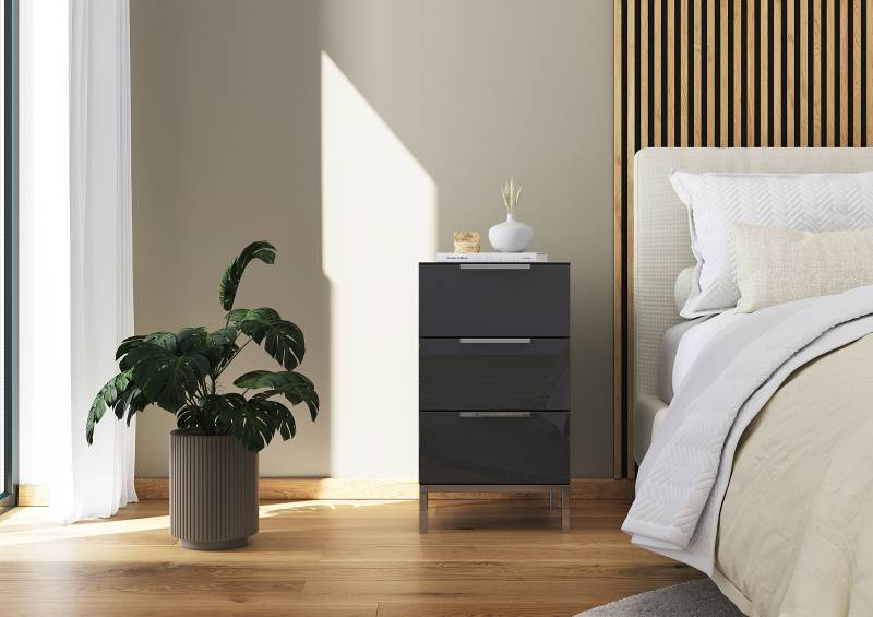 home24 Nachtkommode Glas mit Gestell 40 x 72 x 42cm Schwarz/Grau/Chrom von home24