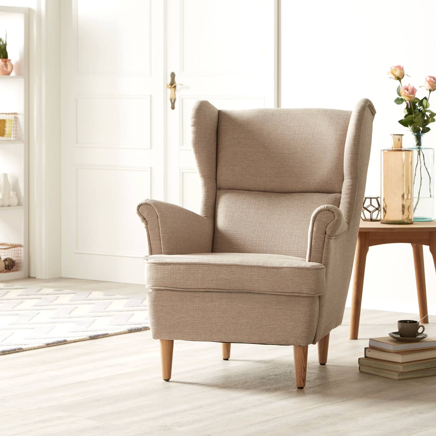 home24 Ohrensessel II Webstoff Braun/Cappuccino Webstoff ohne Hocker 73 x 108 x 90cm von home24