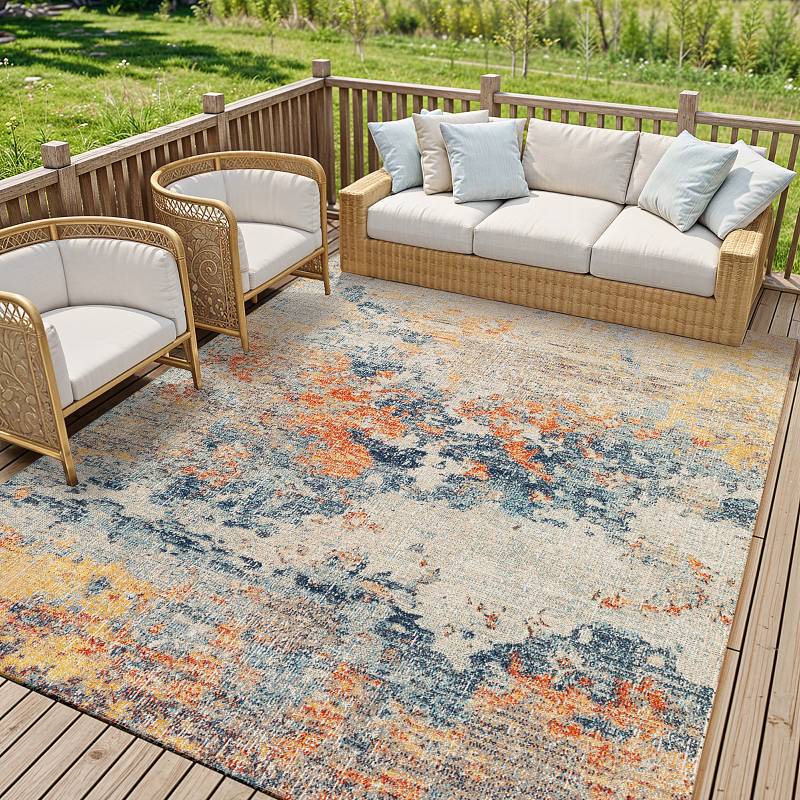 home24 Outdoorteppich Tichia Multicolor/Blau/Gelb 100% Polypropylen 200 x 275cm von home24