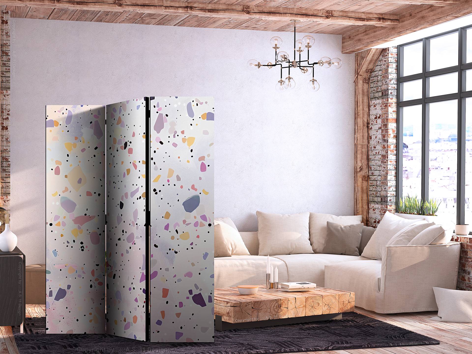 home24 Paravent Terrazzo in Confetti 2-seitig Andere Multicolor 135 x 172cm von home24