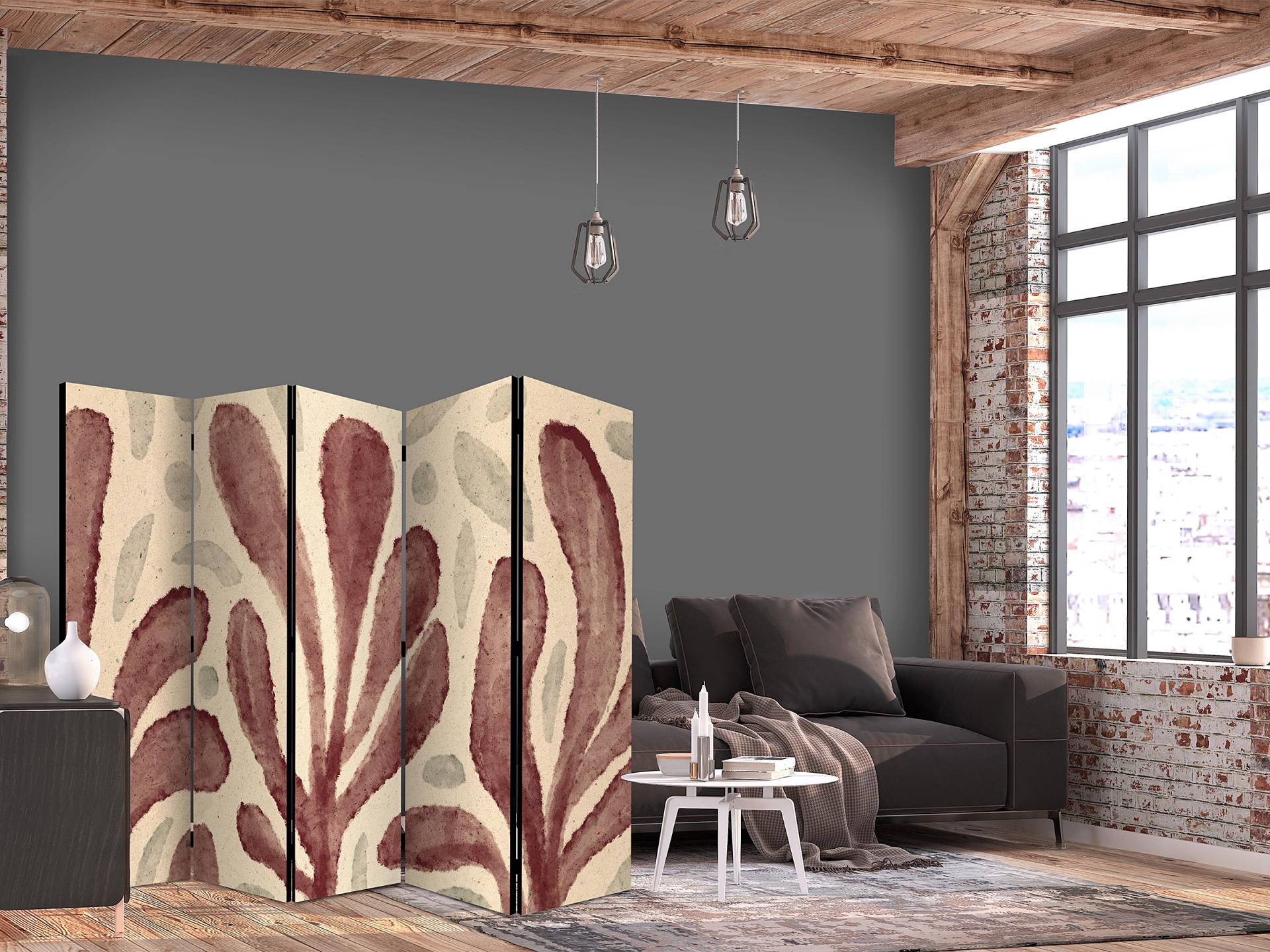 home24 Paravent Waving Leaves 2-seitig Andere Beige 225 x 172cm von home24