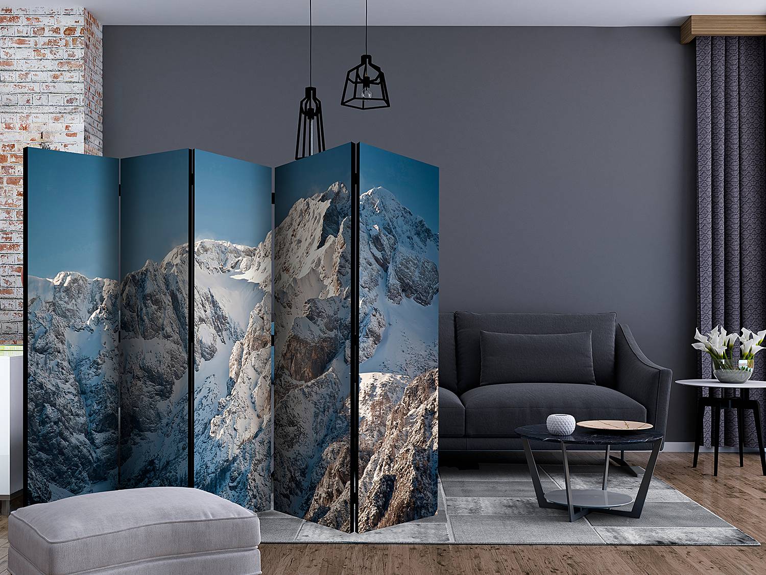 home24 Paravent Winter in the Alps 1-seitig Vlies auf Kiefer Massiv Weiß 225 x 172 x 3cm von home24
