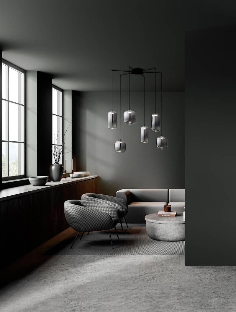 home24 Pendelleuchte Aelia Typ D Ø 72cm Grau/Grau 6 Aluminium, Rauchglas Nicht austauschbare LEDs LED-Platine von home24