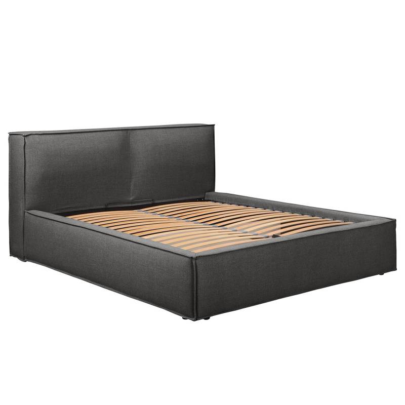 home24 Polsterbett 140 x 200cm Flachgewebe Drems Grau ohne Matratze 1 Bettkasten 110 cm von home24