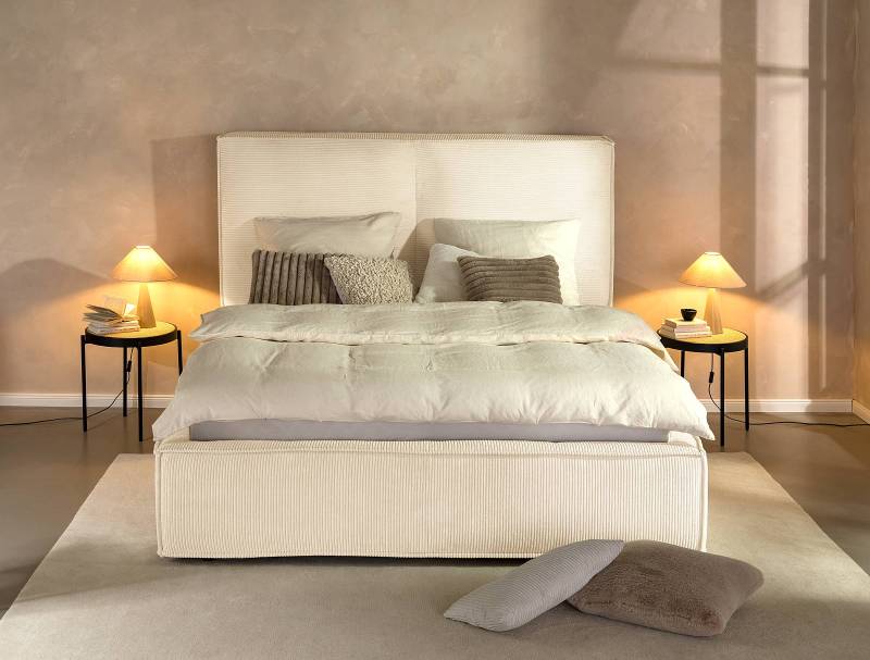 home24 Polsterbett 200 x 200cm Cordstoff Poppy Beige ohne Matratze 1 Bettkasten 150 cm von home24