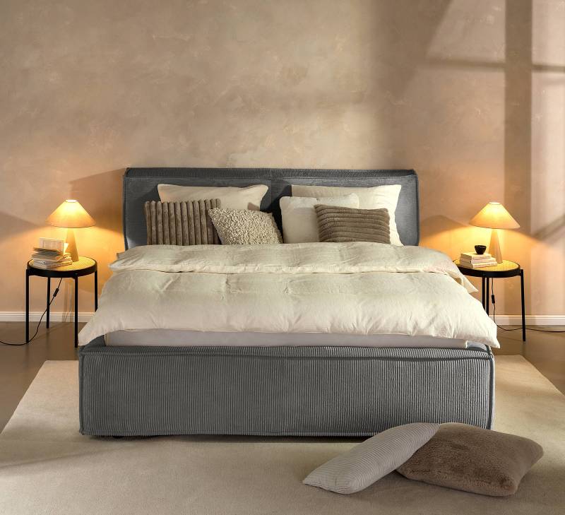 home24 Polsterbett 200 x 200cm Cordstoff Poppy Grau H2 / H3 1 Bettkasten 110 cm von home24