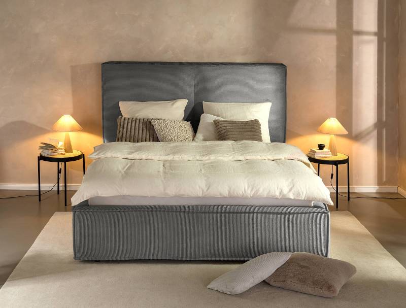 home24 Polsterbett 200 x 200cm Cordstoff Poppy Grau H2 / H3 1 Bettkasten 150 cm von home24