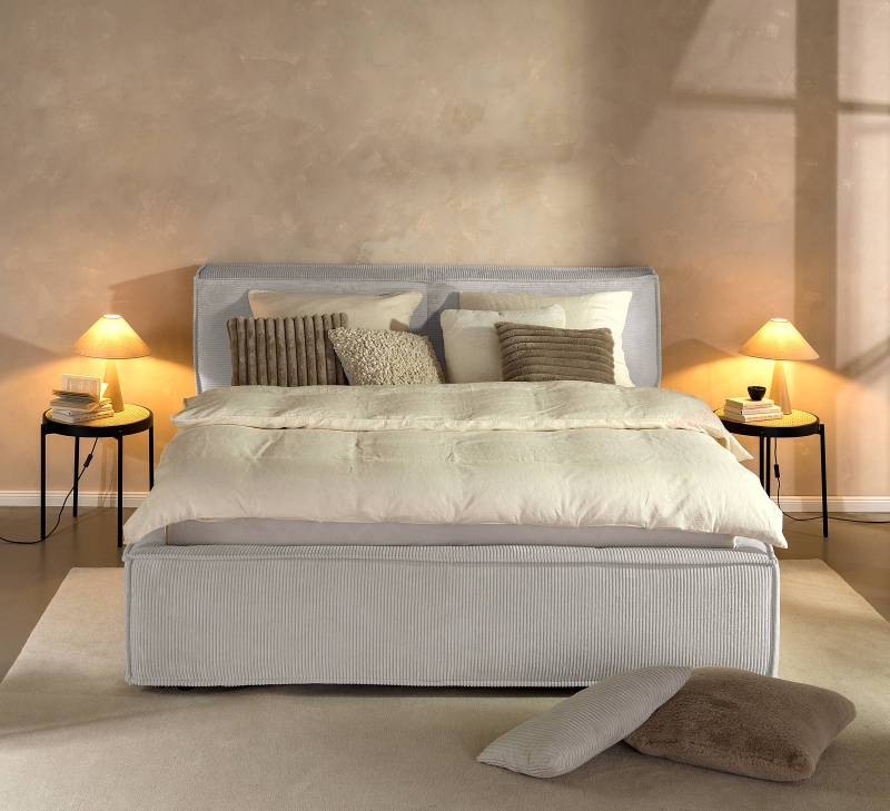 home24 Polsterbett 200 x 200cm Cordstoff Poppy Grau H3 / H4 1 Bettkasten 110 cm von home24