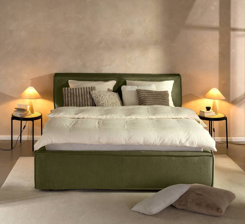 home24 Polsterbett 220 x 200cm Cordstoff Poppy Grün H3 / H4 1 Bettkasten 110 cm von home24