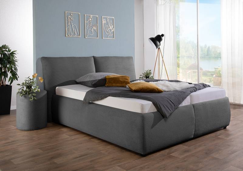 home24 Polsterbett Bollosen mit Matratze 160 x 200cm Cordstoff Zuri Grau/Graphit H2 Bonellfederkernmatratze von home24