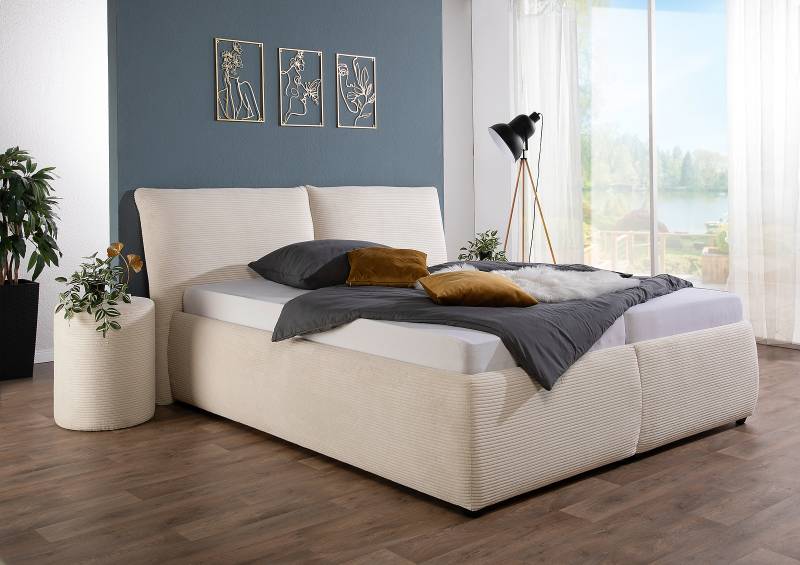 home24 Polsterbett Bollosen mit Matratze 180 x 200cm Cordstoff Zuri Beige/Creme H4 Tonnentaschenfederkernmatratze von home24
