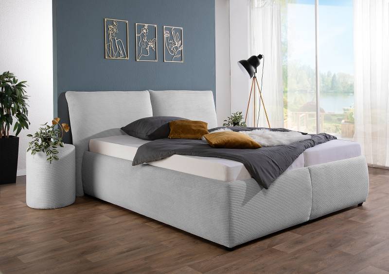 home24 Polsterbett Bollosen mit Matratze 200 x 200cm Cordstoff Zuri Grau/Silber H3 Tonnentaschenfederkernmatratze von home24
