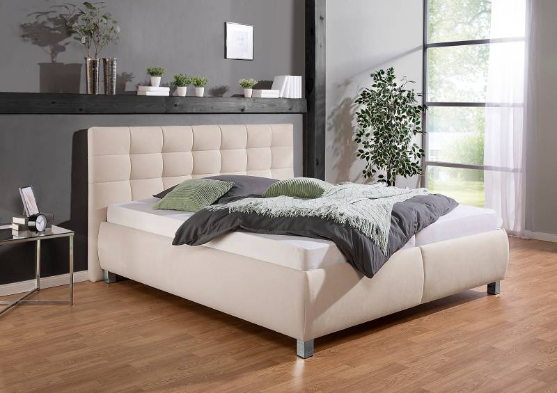 home24 Polsterbett Caronia mit Matratze 200 x 200cm Webstoff Ramse Beige H4 Tonnentaschenfederkernmatratze von home24