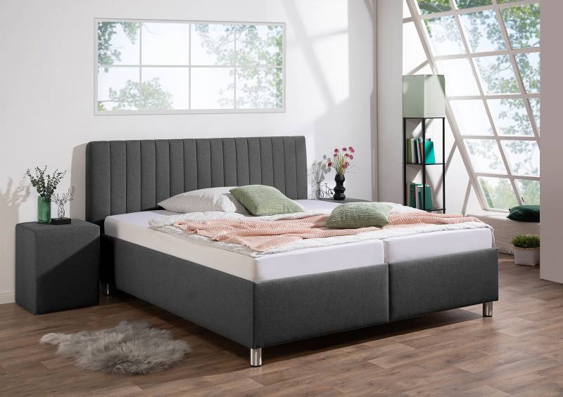 home24 Polsterbett Deinert mit Matratze 180 x 200cm Webstoff Ramse Grau/Dunkelgrau H3 Bonellfederkernmatratze von home24