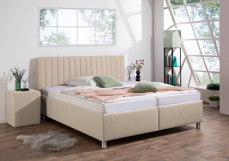 home24 Polsterbett Deinert mit Matratze 200 x 200cm Webstoff Ramse Beige/Ecru H2 Bonellfederkernmatratze von home24