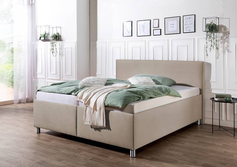 home24 Polsterbett Gardini mit Matratze 200 x 200cm Microfaser Soile Beige H4 Tonnentaschenfederkernmatratze von home24