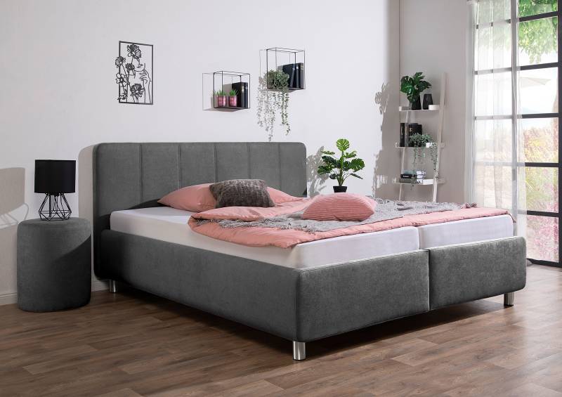 home24 Polsterbett Jorcani mit Matratze 180 x 200cm Strukturstoff Grau/Dunkelgrau H3 Tonnentaschenfederkernmatratze von home24