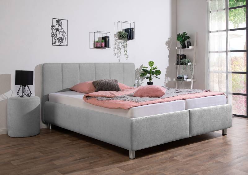 home24 Polsterbett Jorcani mit Matratze 180 x 200cm Strukturstoff Grau/Grau H4 Tonnentaschenfederkernmatratze von home24