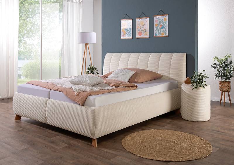 home24 Polsterbett Lindleys mit Matratze 200 x 200cm Cordstoff Zuri Beige/Creme H3 Bonellfederkernmatratze von home24