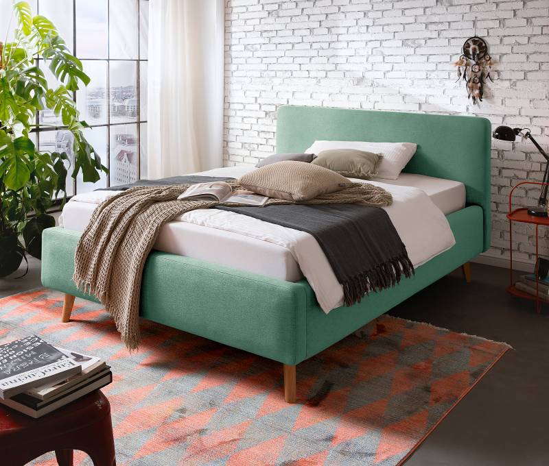 home24 Polsterbett MATTIS 120 x 200cm Webstoff Asha Blau ohne Lattenrost Eiche von home24