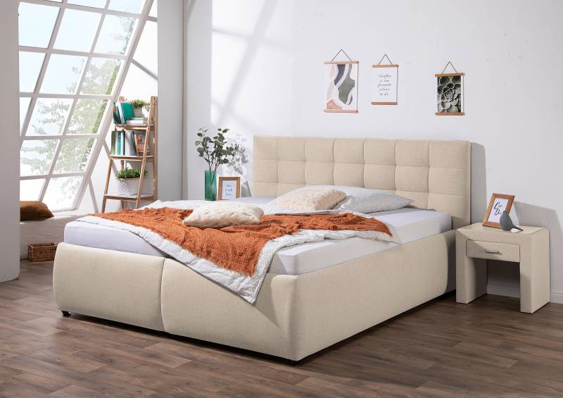 home24 Polsterbett Mouflon mit Matratze 160 x 200cm Webstoff Ramse Beige/Ecru H4 Tonnentaschenfederkernmatratze von home24