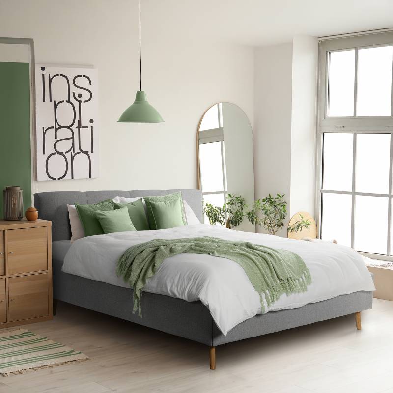 home24 Polsterbett Rossva 140 x 200cm Webstoff Auli Grau ohne Lattenrost & Matratze Eiche von home24