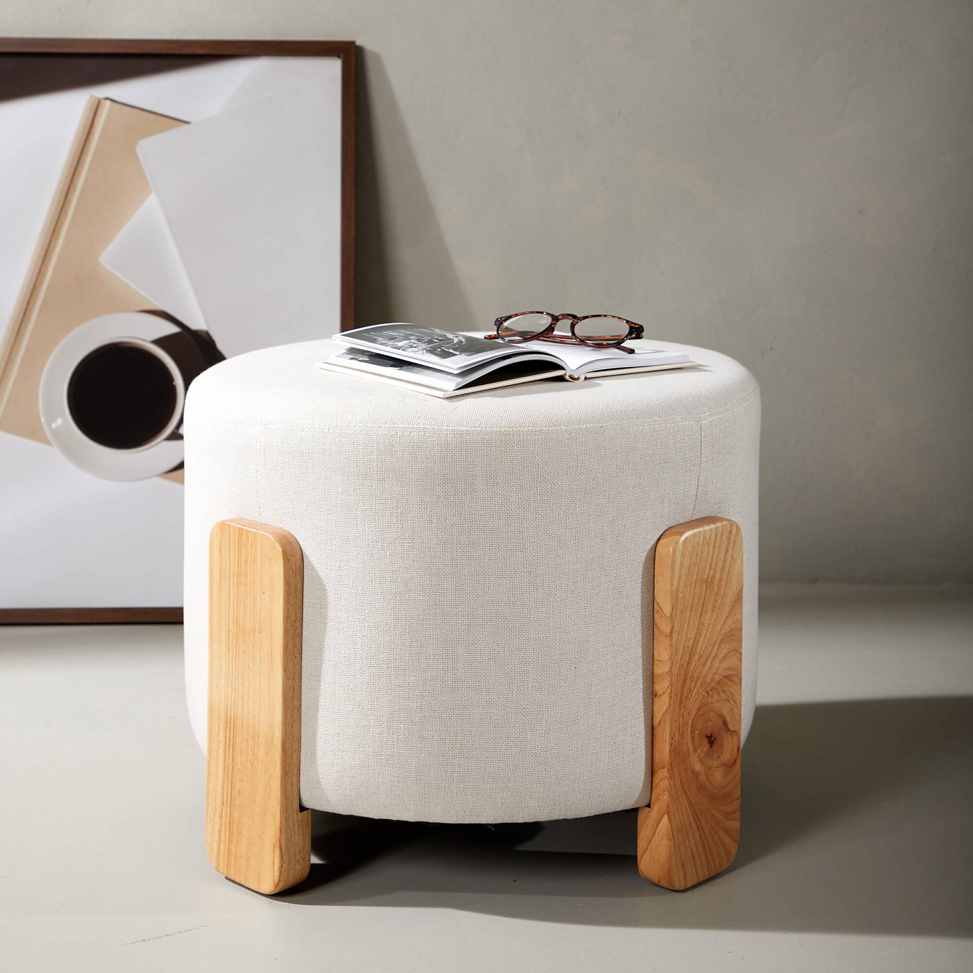 home24 Polsterhocker Coffey Ø 50cm Weiß/Weiß Webstoff von home24