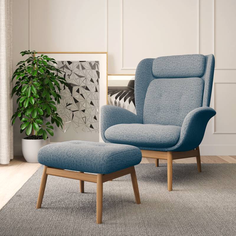 home24 Polsterhocker FEELIX 55 x 36 x 52cm Blau Eiche Hell Webstoff Saia: Denim von home24