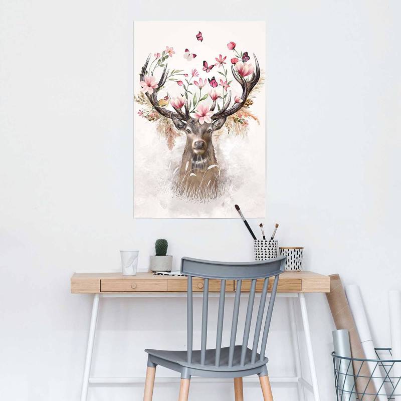 home24 Poster Hirsch in Blumen Papier Pink 61 x 92 x 0cm von home24
