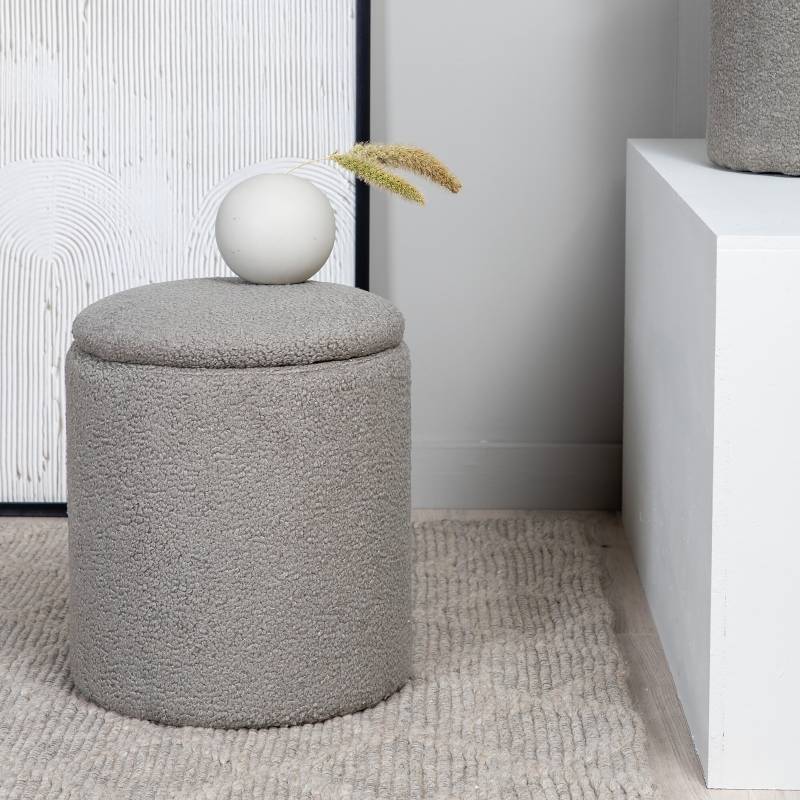 home24 Pouf Limpen Ø 32cm Grau/Grau Teddystoff von home24
