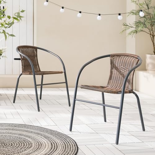 home24 Rattan Gartenstuhl 2er-Set, Stapelstuhl, Bistrostuhl mit Stauhlgestell, pulverbeschichtetem Eisen & Polyrattan, Wetterfest & pflegeleicht, Grau-Braun von home24