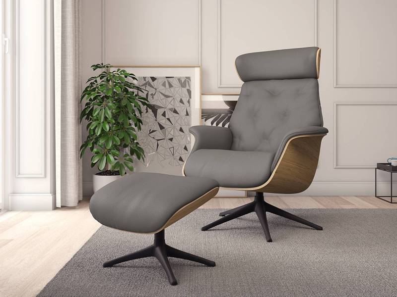 home24 Relaxsessel Grau Echtleder Danbi mit Hocker Eiche Schwarz 112cm von home24