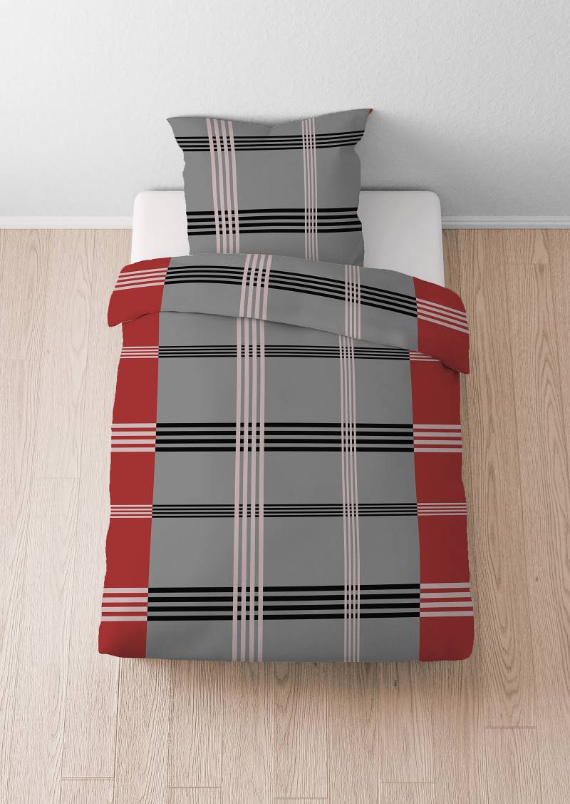 home24 Renforcé Bettwäsche Karostreifen 155 x 200 cm + Kissen 80 x 80 cm Multicolor/Rot/Grau von home24