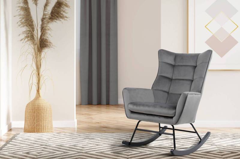 home24 Schaukelstuhl Bryana Grau/Grau Bezug:100% Polyester Samt Korpus:Kautschuk-Holz Gestell:Eisen 88 x 97 x 68cm von home24