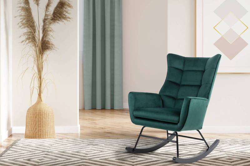 home24 Schaukelstuhl Bryana Grün/Grün Bezug:100% Polyester Samt Korpus:Kautschuk-Holz Gestell:Eisen 88 x 97 x 68cm von home24