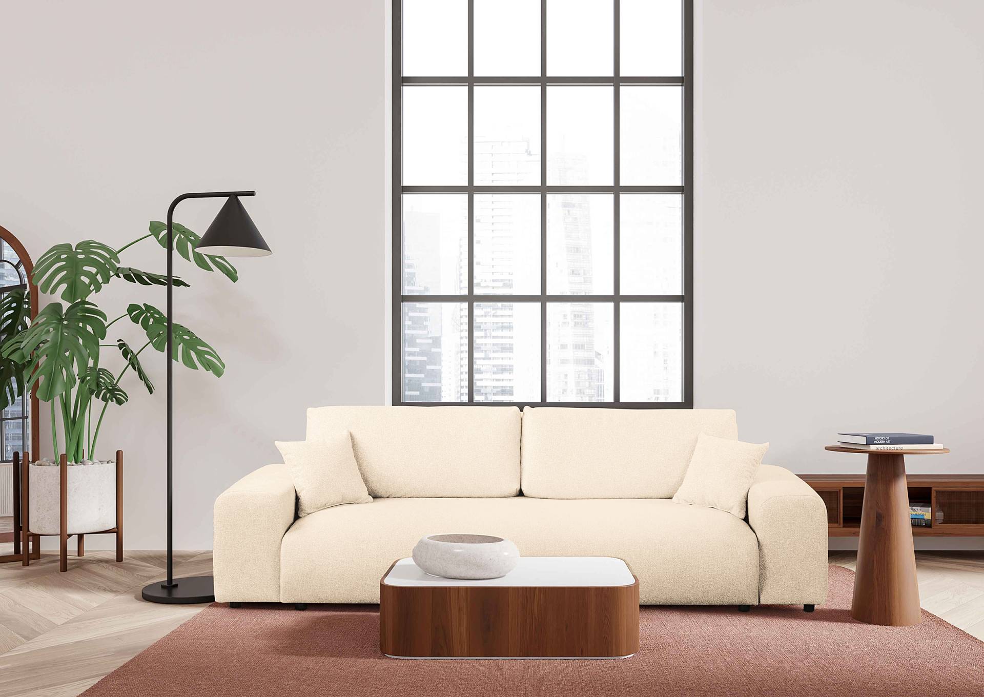 home24 Schlafsofa Beige Strukturstoff Blerta 260 x 79 x 108cm mit Schlaffunktion Modern von home24