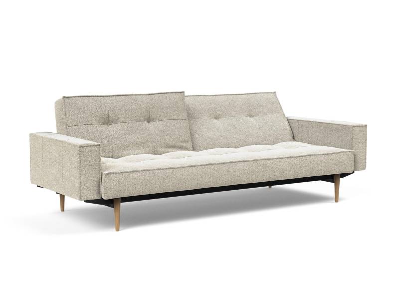 home24 Schlafsofa Splitback Styletto Armlehne Weiß Microfaser 241 x 80 x 91cm mit Schlaffunktion Eiche Hell Modern von home24