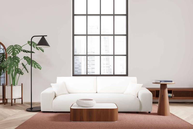 home24 Schlafsofa Weiß Bouclé Stoff Sideri 260 x 79 x 108cm mit Schlaffunktion Modern von home24