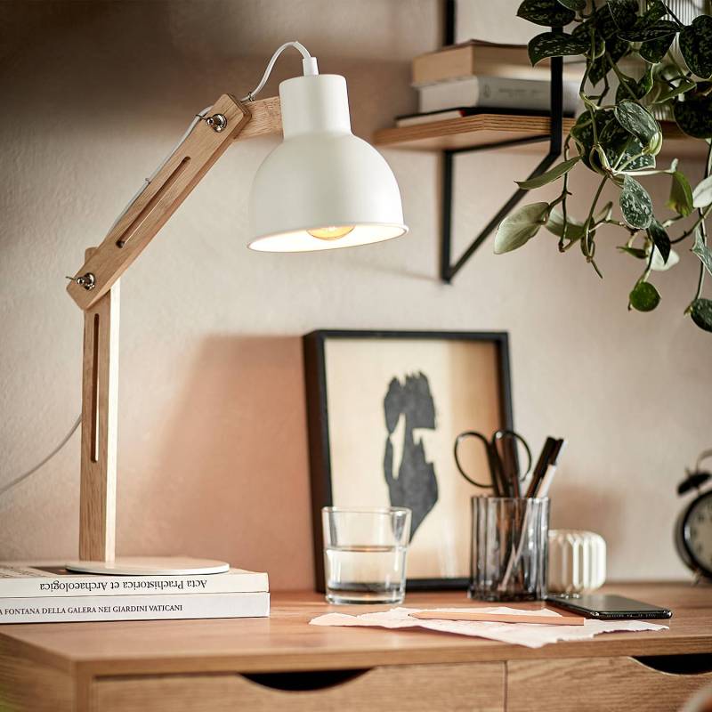home24 Schreibtischleuchte AGON 37 x 15 x 45cm Weiß Metall, Kiefernholz LED/Energiesparlampe/Halogen/Glühlampe E27 von home24