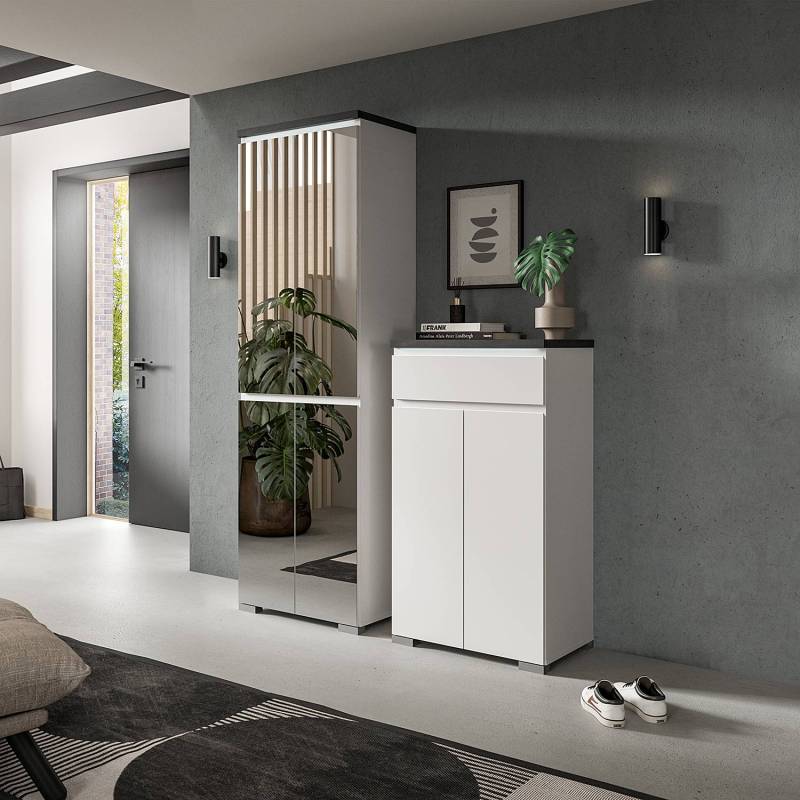 home24 Schuhschrank mit Spiegeltüren 60 x 194 x 40cm Weiß/Weiß/Grau von home24