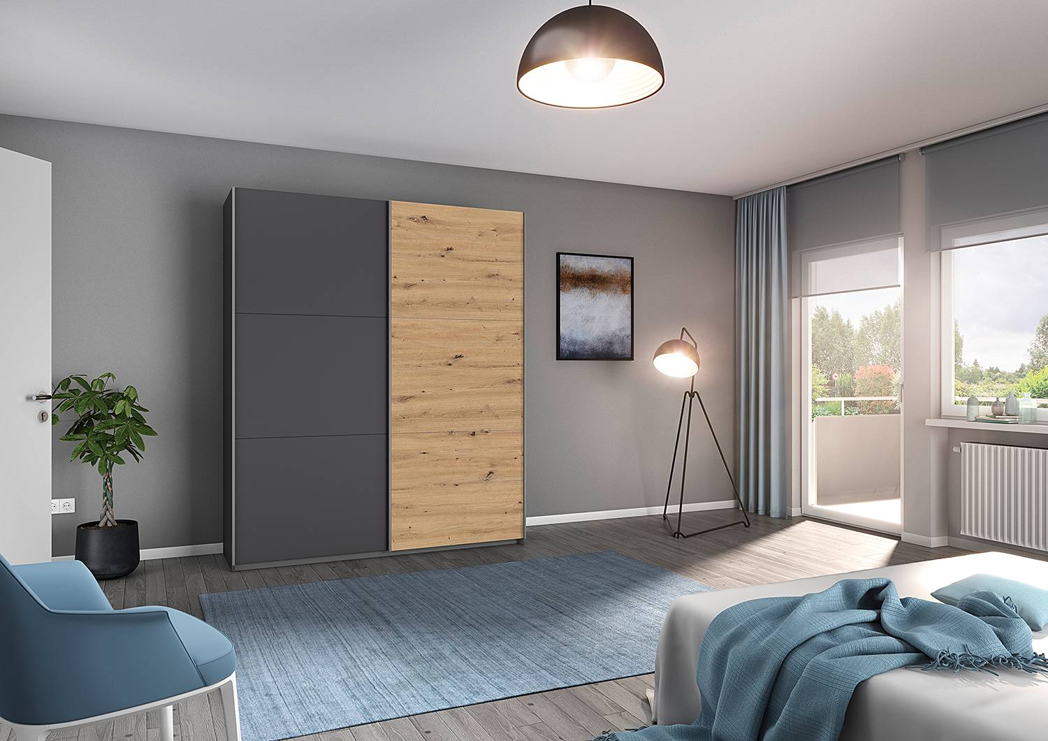 home24 Schwebetürenschrank Aurelio 175cm Grau/Graumetallic/Eiche Artisan Dekor von home24